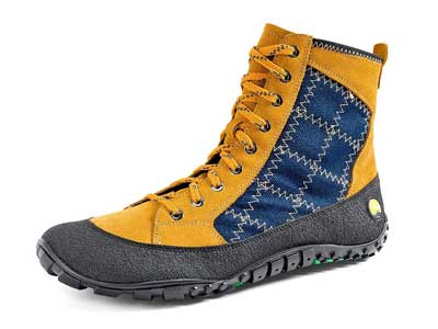 Der RidgeToes von Joe Nimble: gelbes Obermaletrial, halbhoher Schuh, an der Seite ein blauer streifen. Von der Sohle zieht sich eine schwarzes Band über die Zehen.