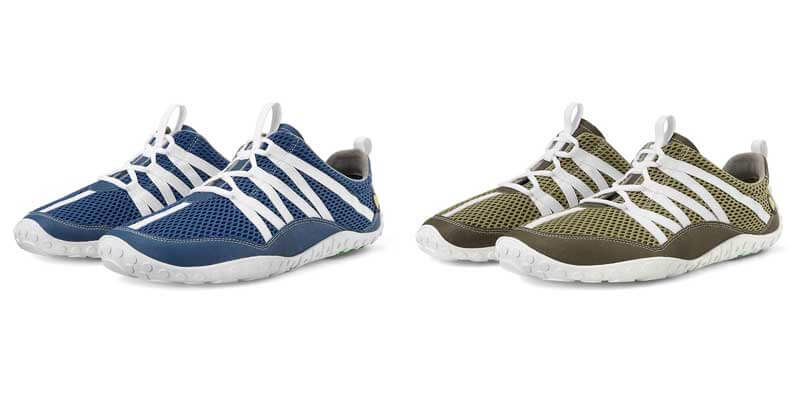 Nimbletoes Damen Sneaker: links in balu, rechts in grün. Beide Schuhe haben innen und außen eine Linien am Obermaterial in weiß
